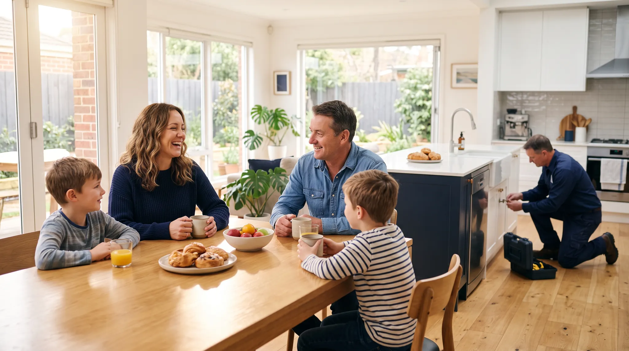 Family enjoying breakfast while a Runhome contractor completes a kitchen repair in the background